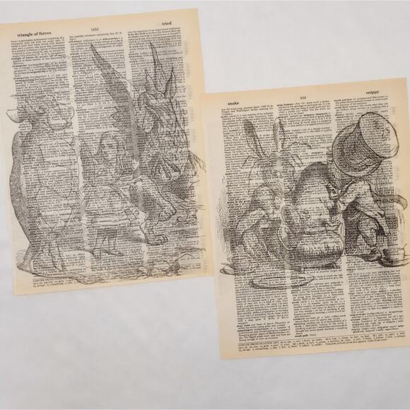 Alice in Wonderland Dictionary Prints 2, Black and White Alice Prints - Picture 2 of 6